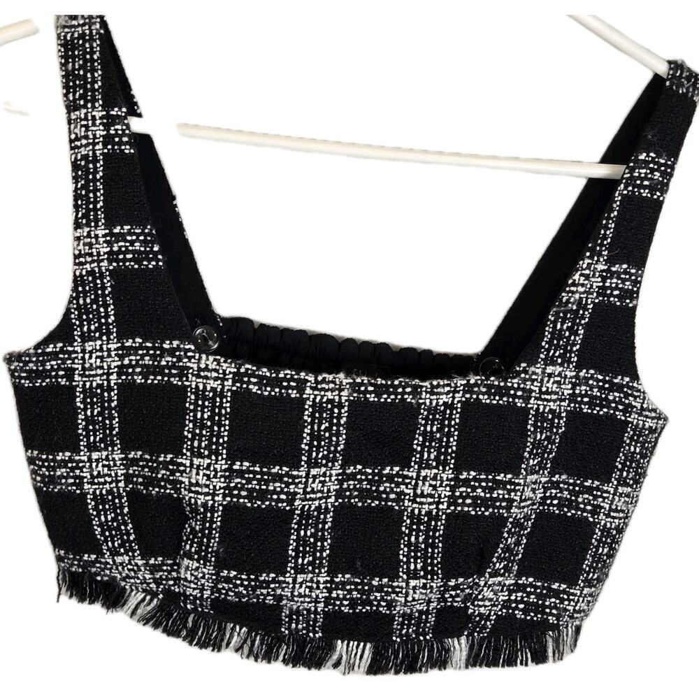 House of Harlow 1960s Plaid Tweed Crop Top Frayed Hem MEDIUM LAGENLOOK Nordic